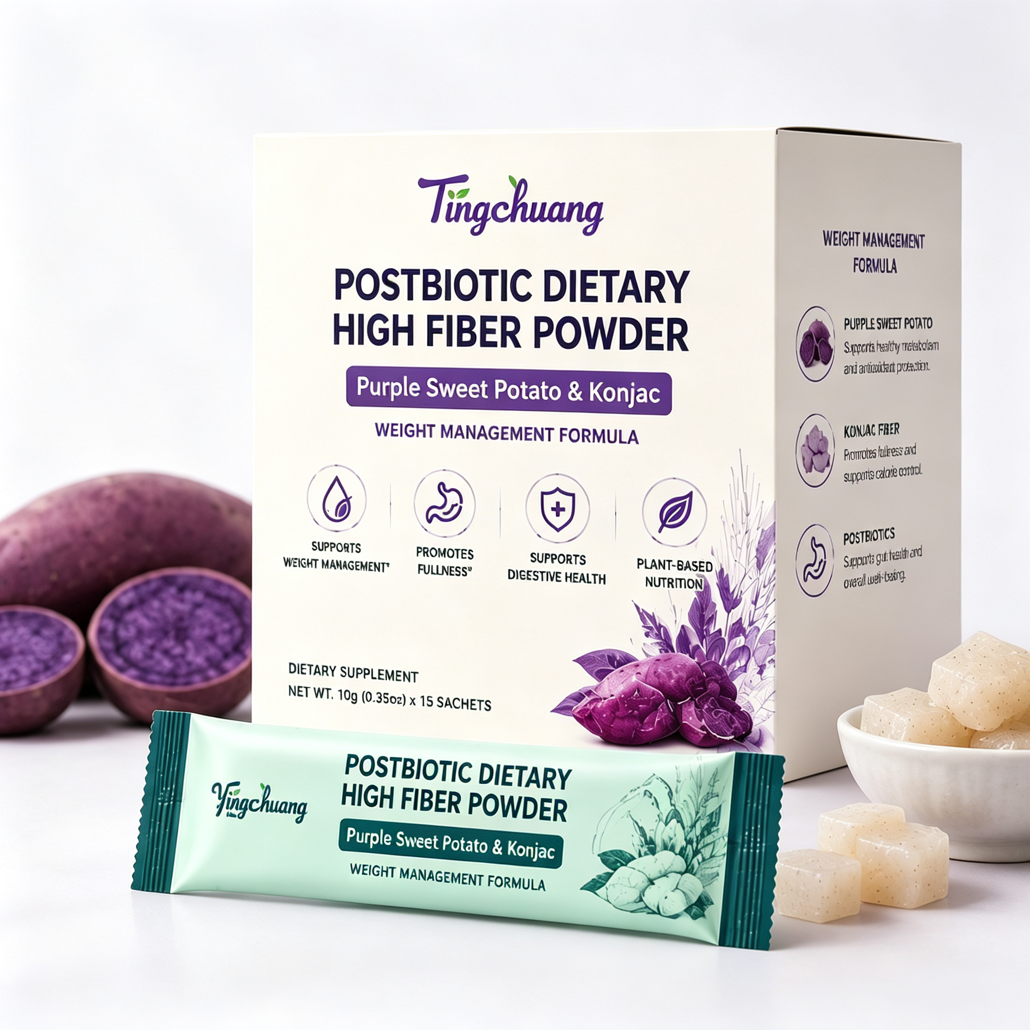 Purple Sweet Potato Konjac Postbiotic Fiber Powder, Probiotic Prebiotic Gut Health Supplements for Weight Management and Digestive Wellness